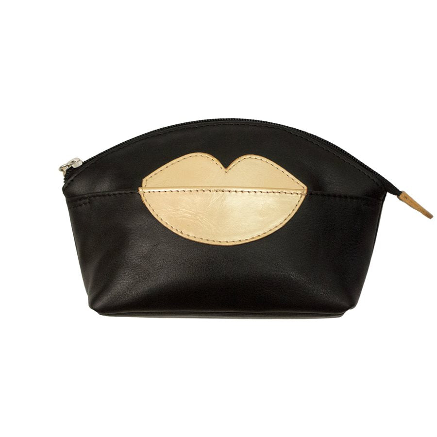 AP-6481/Black Gold Leather Make Up Bag/Purse